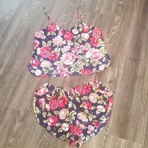 Blue, Pink, Rose Floral Silky Lingerie Camisole Short Set Med
